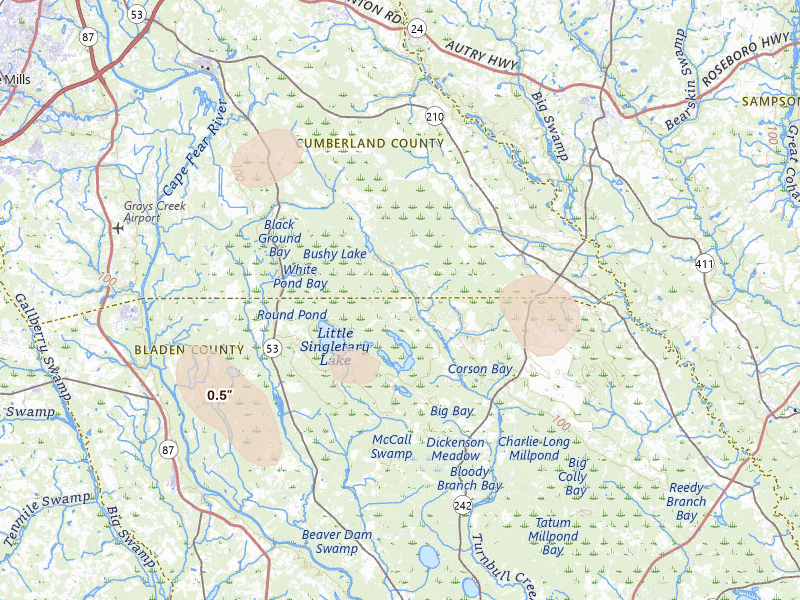 Radar-estimated hail-size map of the storm over Fayetteville, NC