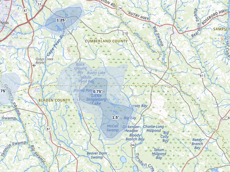 NEXRAD radar-signature map of the hail storm over Fayetteville, NC on Jul 6, 2026