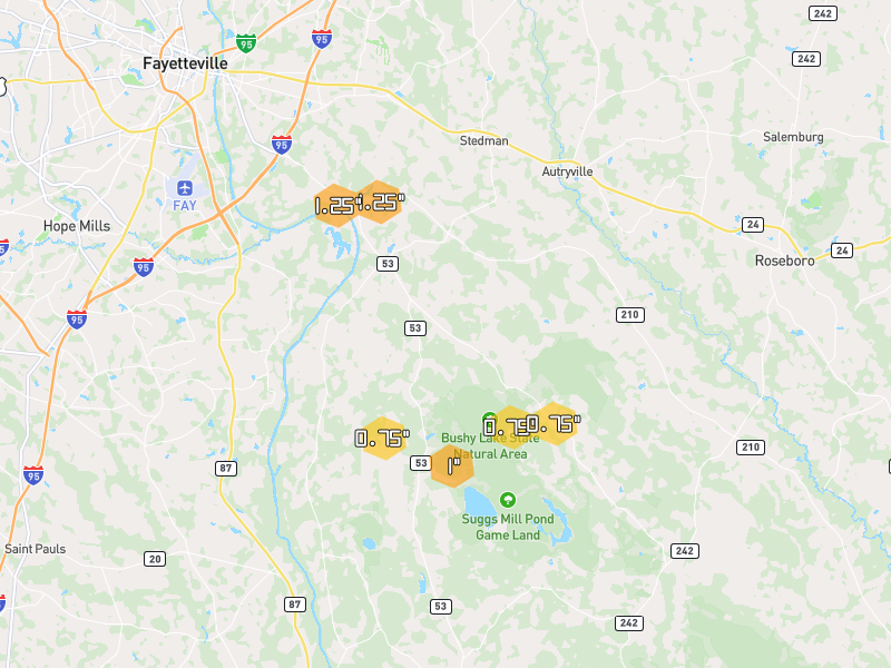 Hail map of Fayetteville, NC on Jul 6, 2026, hail up to 1.25"