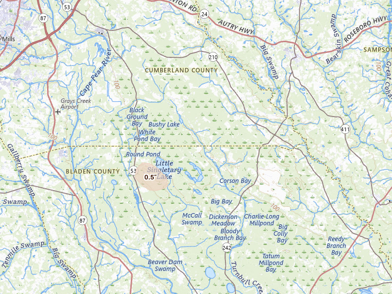 Radar-estimated hail-size map of the storm over Fayetteville, NC on Jul 12, 2026