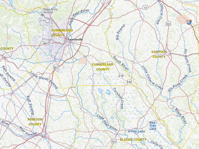 Radar-estimated hail-size map of the storm over Fayetteville, NC on Jul 19, 2026