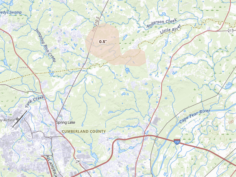 Radar-estimated hail-size map of the storm over Fayetteville, NC on Aug 3, 2026