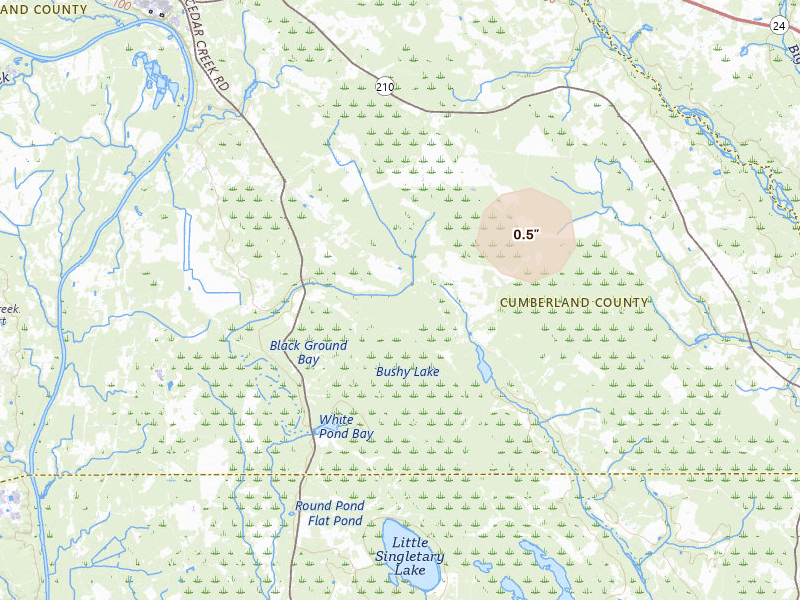 Radar-estimated hail-size map of the storm over Fayetteville, NC on Aug 17, 2026
