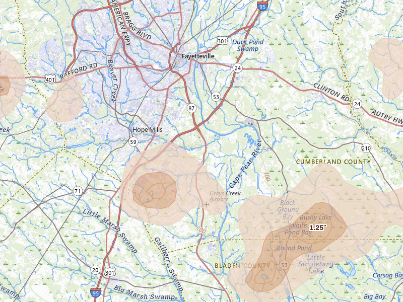 Radar-estimated hail-size map of the storm over Fayetteville, NC on Aug 21, 2026