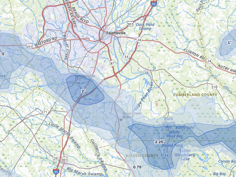 NEXRAD radar-signature map of the hail storm over Fayetteville, NC on Aug 21, 2026