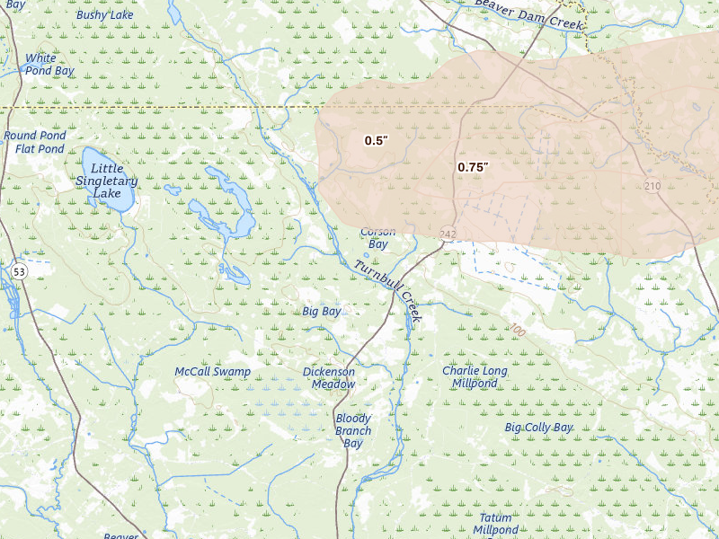 Radar-estimated hail-size map of the storm over Fayetteville, NC on Aug 23, 2026