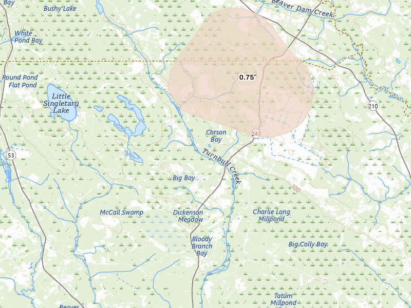 Radar-estimated hail-size map of the storm over Fayetteville, NC on Aug 27, 2026