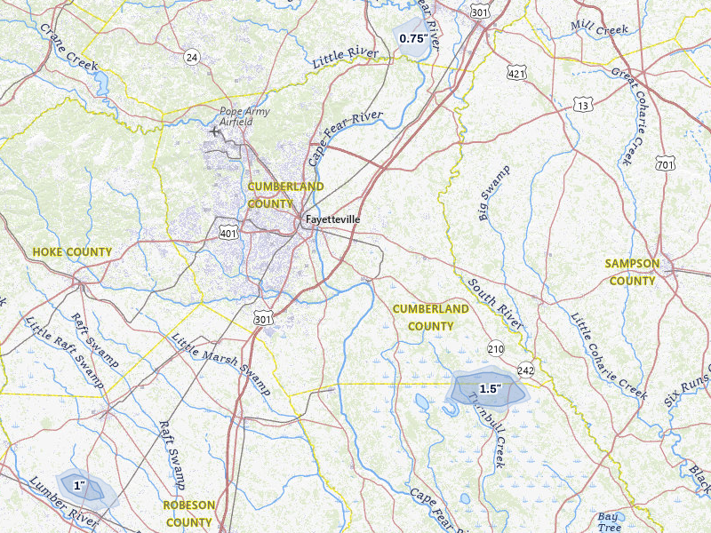 NEXRAD radar-signature map of the hail storm over Fayetteville, NC on Aug 27, 2026
