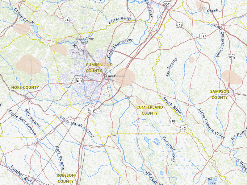 Radar-estimated hail-size map of the storm over Fayetteville, NC on Sep 5, 2026
