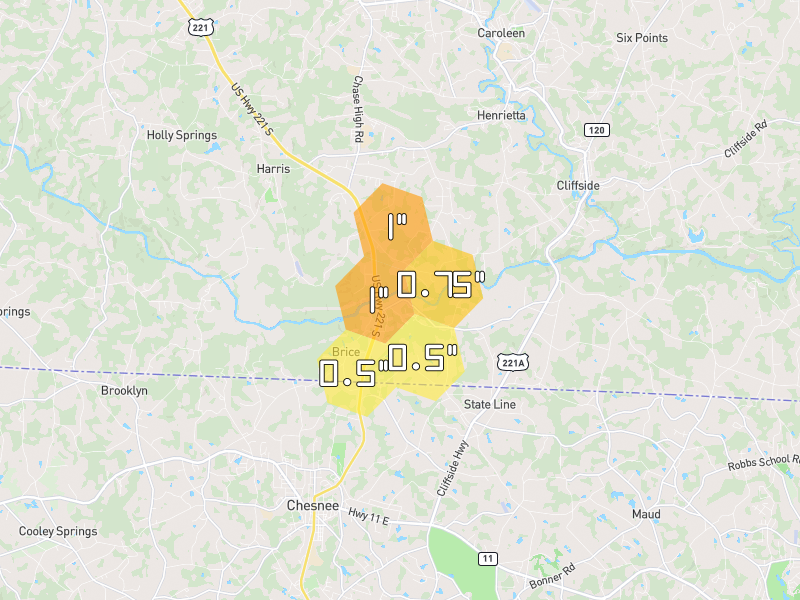 Hail map of Forest City, NC on Jun 29, 2026, hail up to 1"
