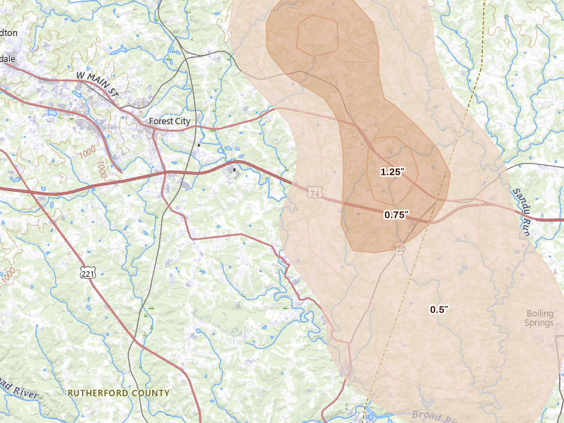 Radar-estimated hail-size map of the storm over Forest City, NC on Aug 11, 2026