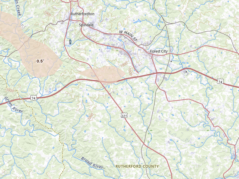 Radar-estimated hail-size map of the storm over Forest City, NC on Aug 20, 2026