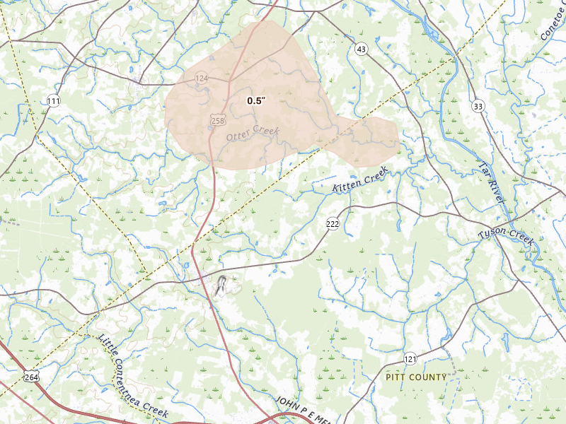 Radar-estimated hail-size map of the storm over Fountain, NC on Jul 6, 2026