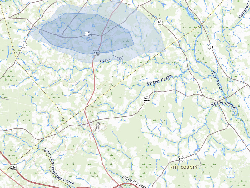 NEXRAD radar-signature map of the hail storm over Fountain, NC on Jul 6, 2026