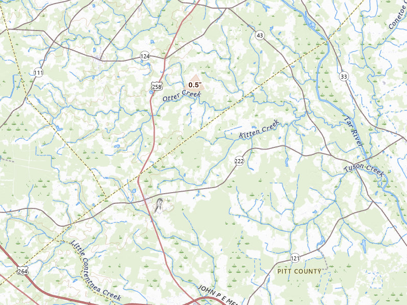 Radar-estimated hail-size map of the storm over Fountain, NC on Jul 19, 2026