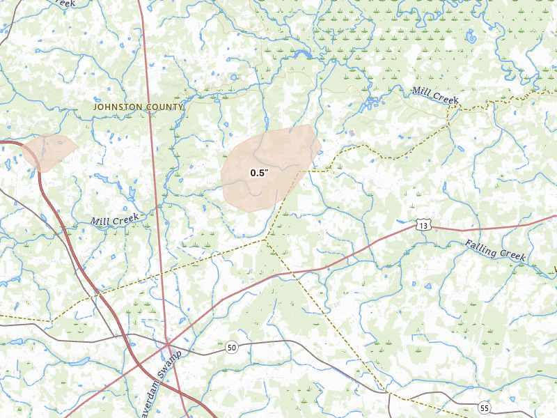 Radar-estimated hail-size map of the storm over Four Oaks, NC on Jun 27, 2026