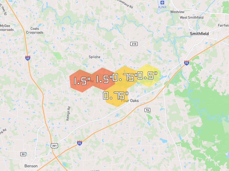 Hail map of Four Oaks, NC on Jul 6, 2026, hail up to 1.5"