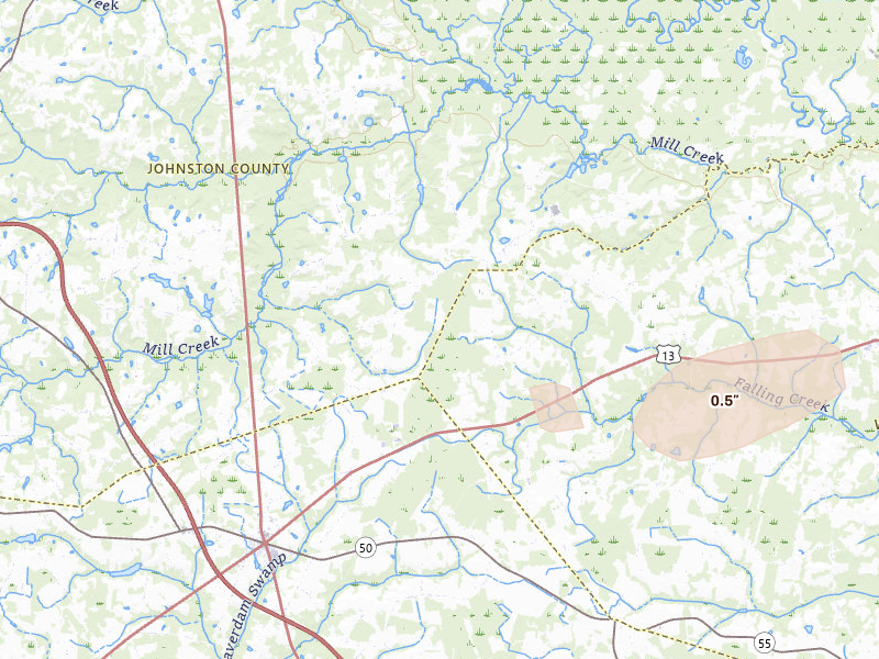 Radar-estimated hail-size map of the storm over Four Oaks, NC on Jul 19, 2026