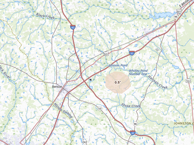 Radar-estimated hail-size map of the storm over Four Oaks, NC on Aug 9, 2026