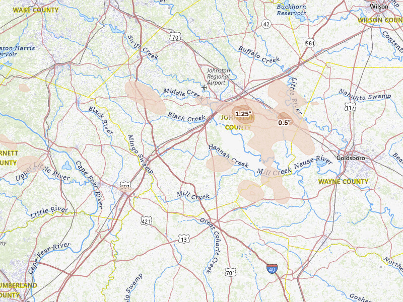 Radar-estimated hail-size map of the storm over Four Oaks, NC on Aug 11, 2026