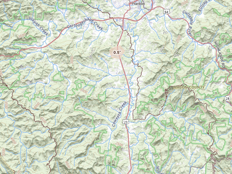 Radar-estimated hail-size map of the storm over Franklin, NC on Jun 30, 2026