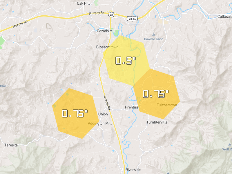 Hail map of Franklin, NC on Jun 30, 2026, hail up to 0.75"