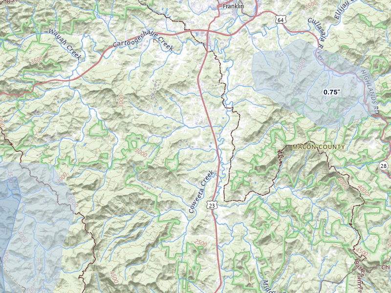 NEXRAD radar-signature map of the hail over Franklin, NC