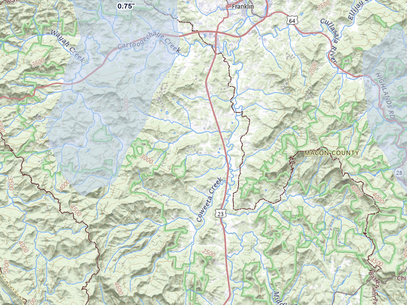 NEXRAD radar-signature map of the hail storm over Franklin, NC on Jul 28, 2026