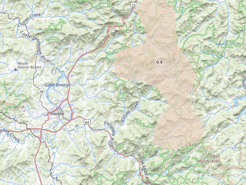 Radar-estimated hail-size map of the storm over Franklin, NC on Aug 17, 2026