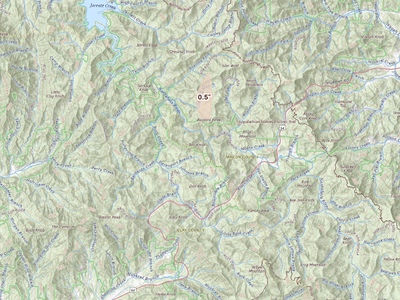 Radar-estimated hail-size map of the storm over Franklin, NC on Sep 17, 2026