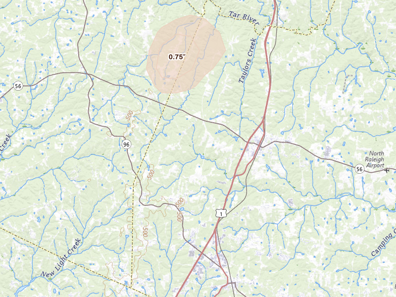 Radar-estimated hail-size map of the storm over Franklinton, NC on Jul 5, 2026