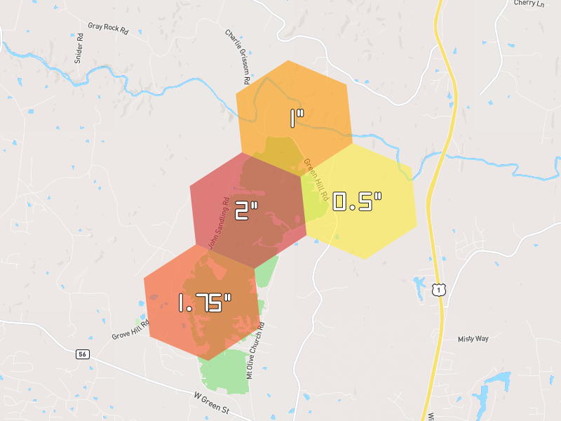 Hail map of Franklinton, NC on Jul 5, 2026, hail up to 2"