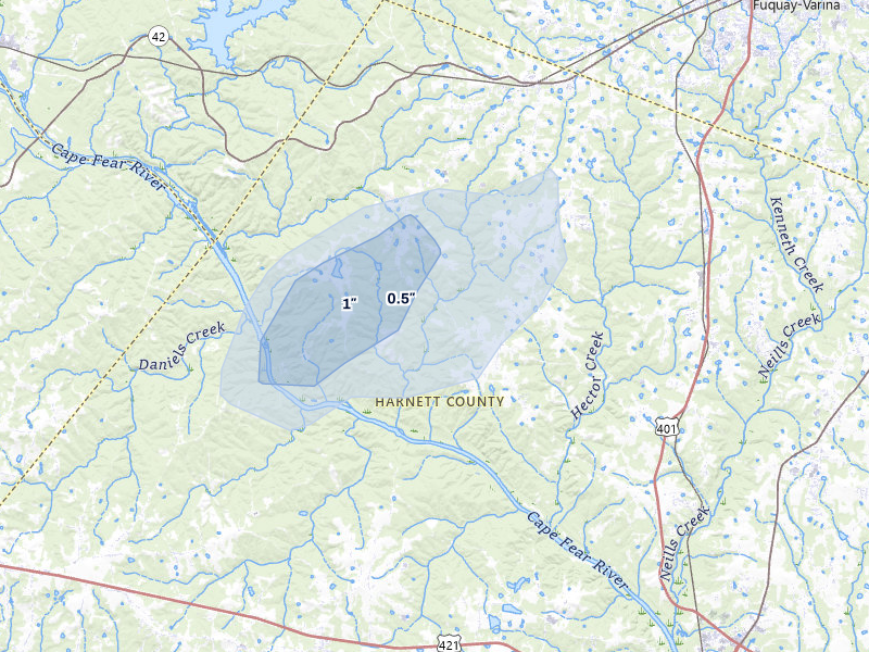 NEXRAD radar-signature map of the hail over Fuquay Varina, NC