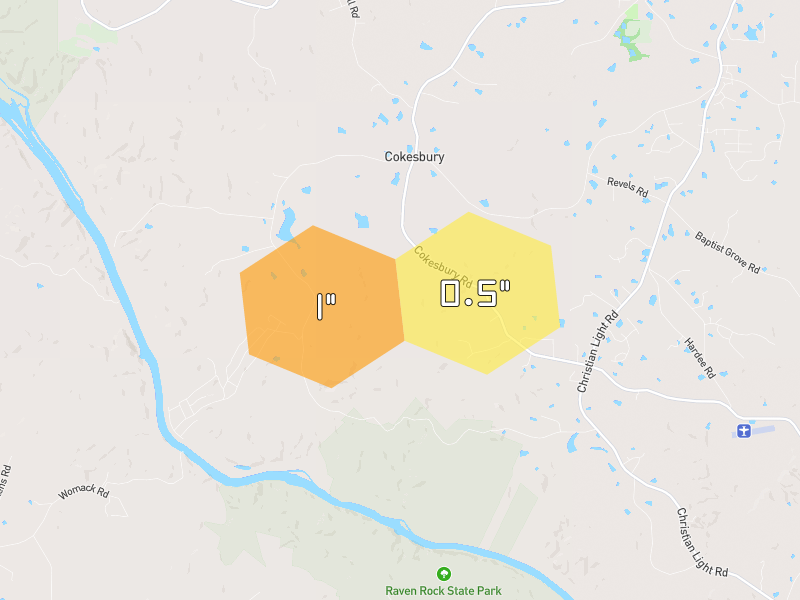 Hail map of Fuquay Varina, NC on Jul 12, 2026, hail up to 1"