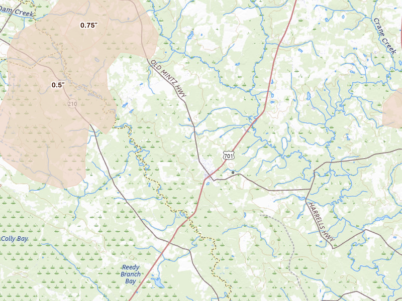 Radar-estimated hail-size map of the storm over Garland, NC on Jul 20, 2026