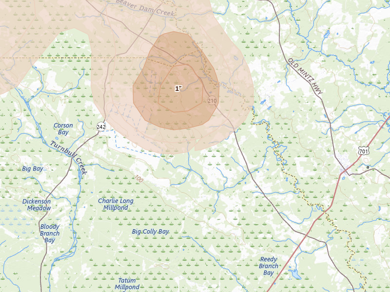 Radar-estimated hail-size map of the storm over Garland, NC on Aug 21, 2026