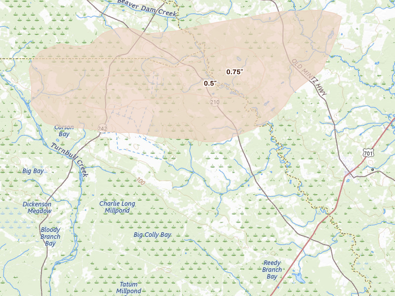 Radar-estimated hail-size map of the storm over Garland, NC on Aug 23, 2026