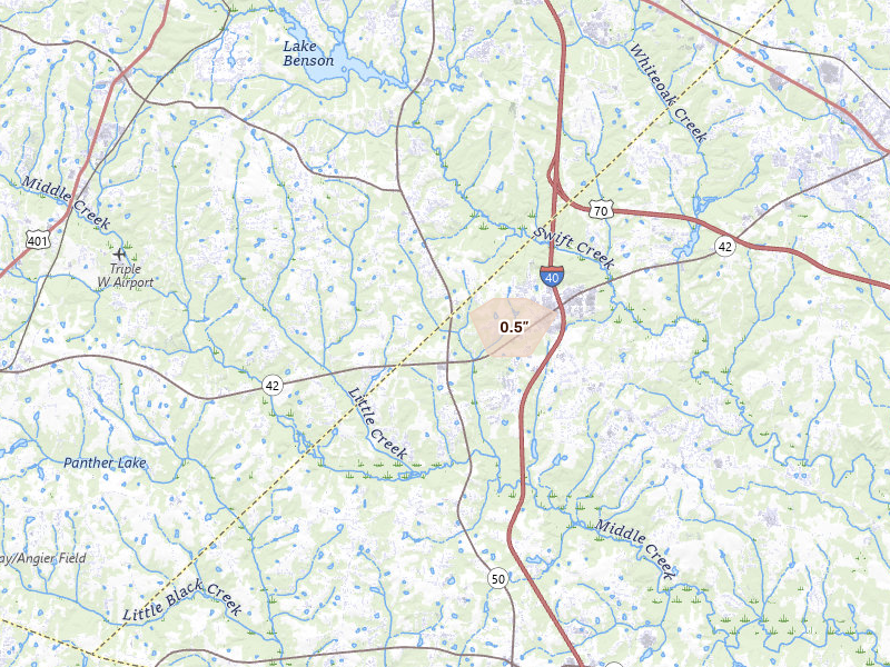 Radar-estimated hail-size map of the storm over Garner, NC on Jul 11, 2026
