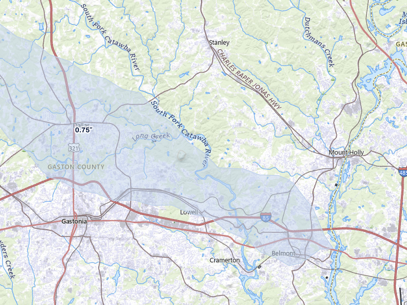 NEXRAD radar-signature map of the hail over Gastonia, NC