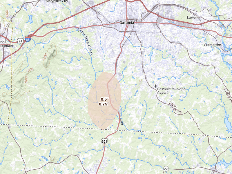 Radar-estimated hail-size map of the storm over Gastonia, NC on Aug 6, 2026