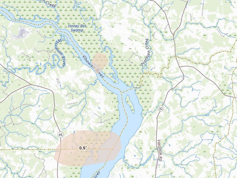 Radar-estimated hail-size map of the storm over Gatesville, NC on Jun 23, 2026