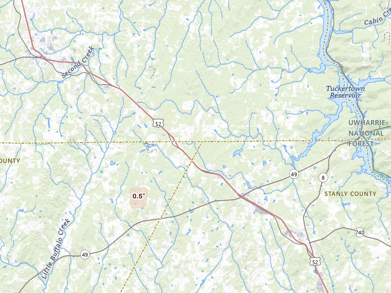 Radar-estimated hail-size map of the storm over Gold Hill, NC on Aug 6, 2026