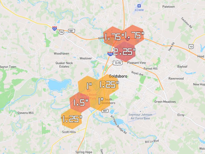 Hail map of Goldsboro, NC on Jul 5, 2026, hail up to 2.25"