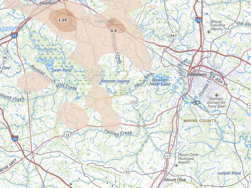 Radar-estimated hail-size map of the storm over Goldsboro, NC on Aug 11, 2026