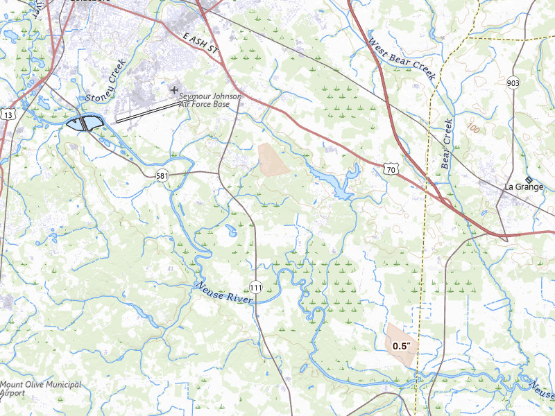 Radar-estimated hail-size map of the storm over Goldsboro, NC on Aug 16, 2026