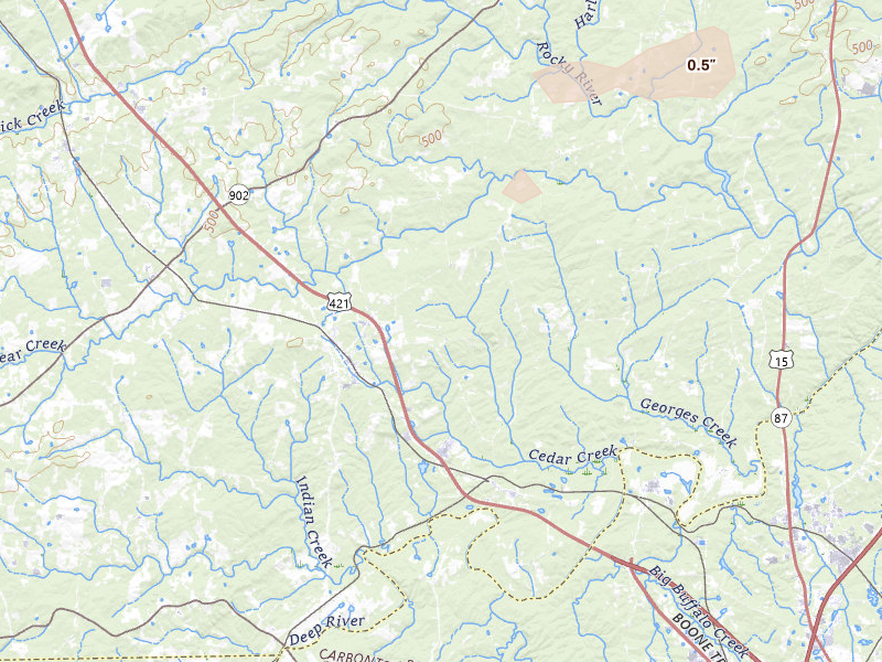 Radar-estimated hail-size map of the storm over Goldston, NC on Aug 20, 2026