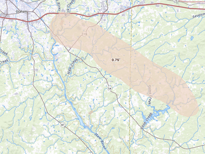Radar-estimated hail-size map of the storm over Graham, NC on Apr 29, 2026