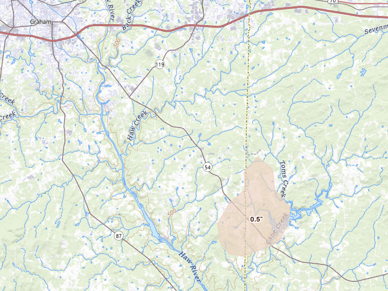 Radar-estimated hail-size map of the storm over Graham, NC on Jul 6, 2026