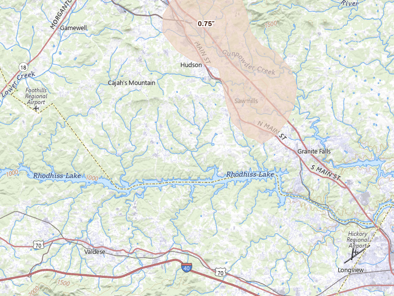 Radar-estimated hail-size map of the storm over Granite Falls, NC on Jul 4, 2026