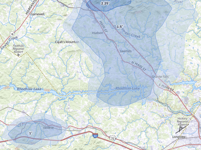 NEXRAD radar-signature map of the hail over Granite Falls, NC